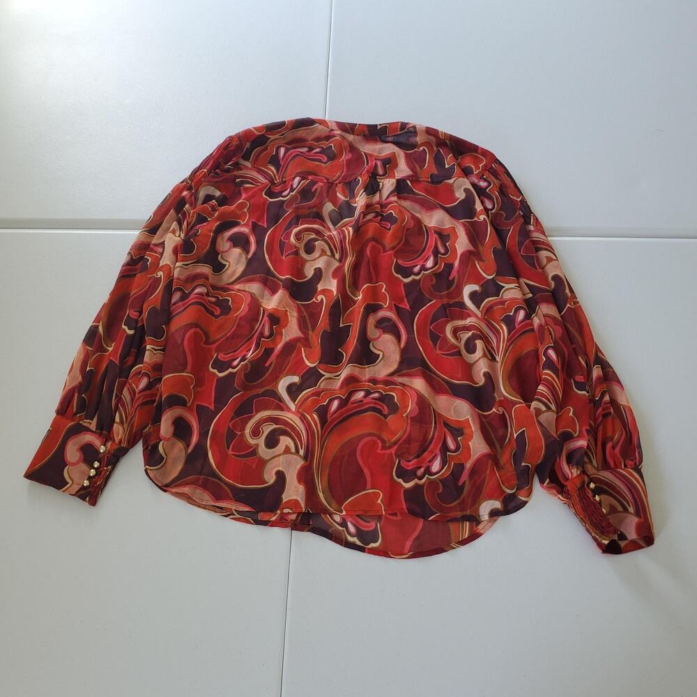 Chico's Shirt Womens 20 Red Multicolor Sheer Long Sleeve Button Cuff Boho Blouse - Picture 2 of 9